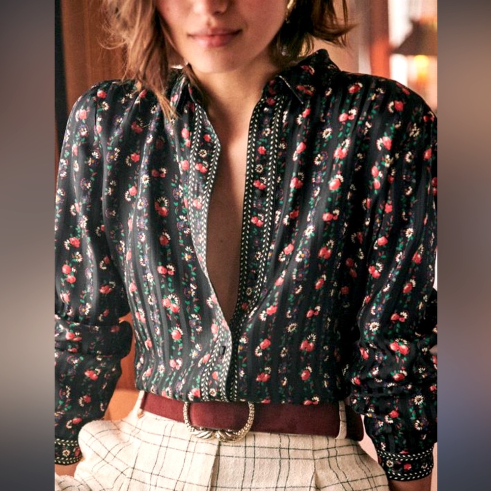 NWOT Sezane 100% Silk Multicolored Floral Button Up Blouse- Size 36 (sma…